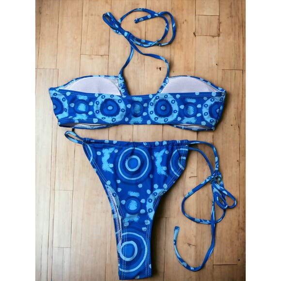 Flower Power Side Tie Bandeau Halter Cheeky Bikini in Blue SMALL - Picture 4 of 7